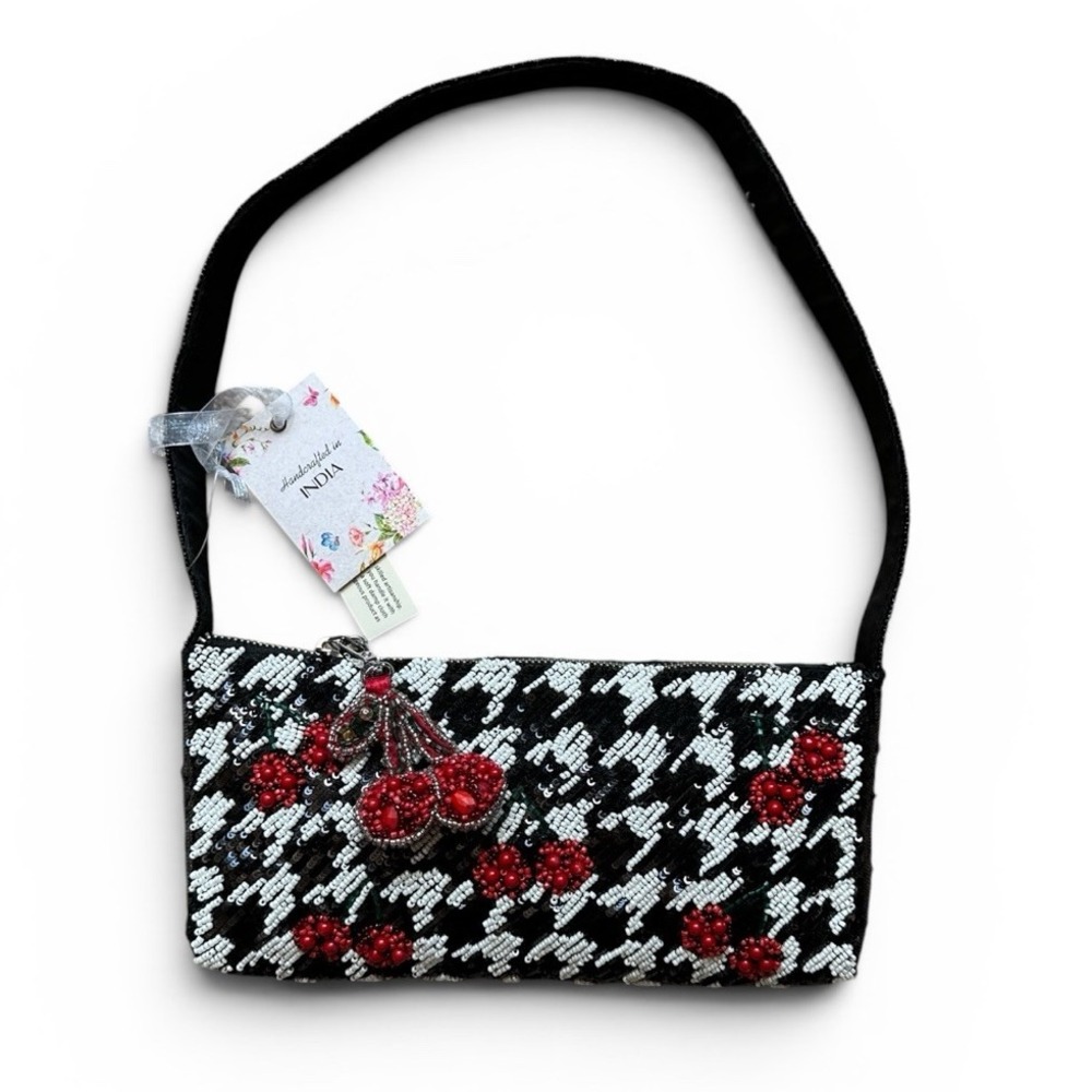 Viral Beaded Black & White Houndstooth Cherry Shoulder Bag Women's Beyond